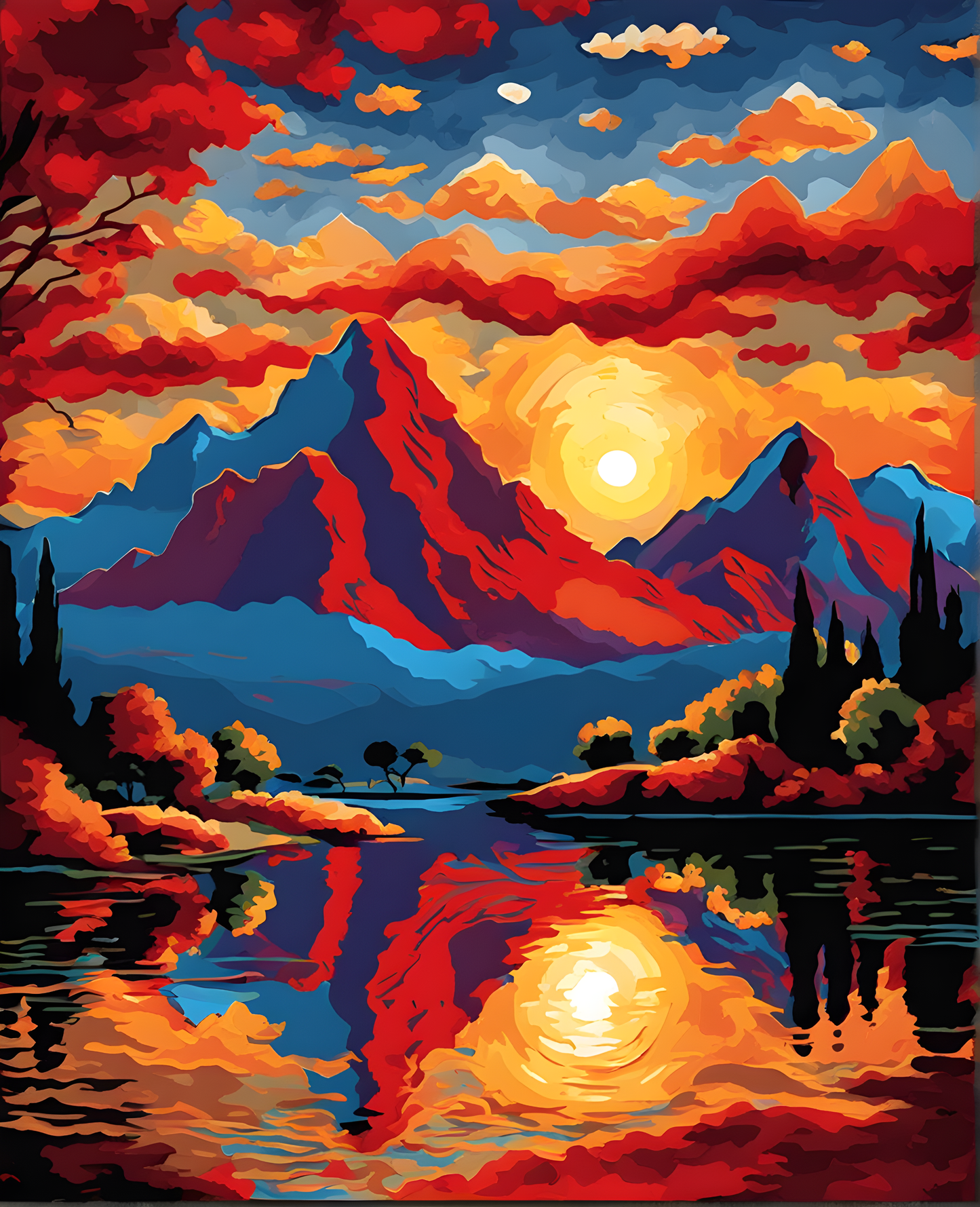 Mountains Red Sunset Reflection (6) - Van-Go Paint-By-Number Kit