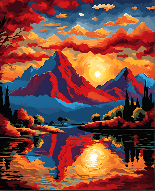 Mountains Red Sunset Reflection (6) - Van-Go Paint-By-Number Kit