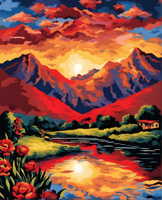 Mountains Red Sunset Reflection (5) - Van-Go Paint-By-Number Kit