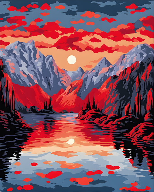 Mountains Red Sunset Reflection (3) - Van-Go Paint-By-Number Kit