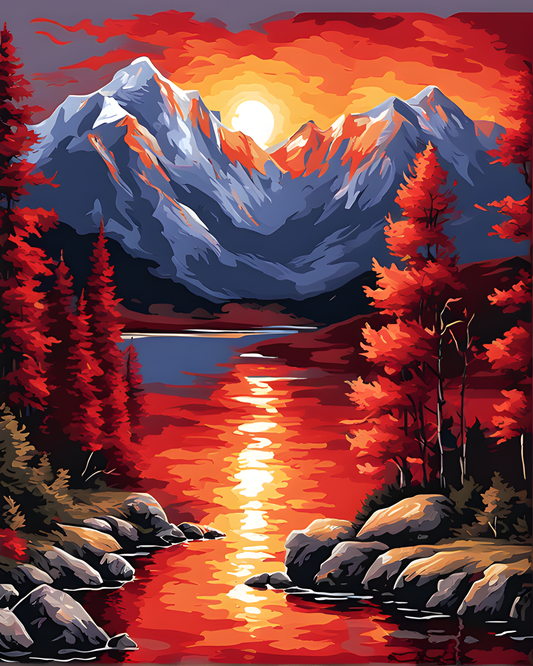 Mountains Red Sunset Reflection (7) - Van-Go Paint-By-Number Kit