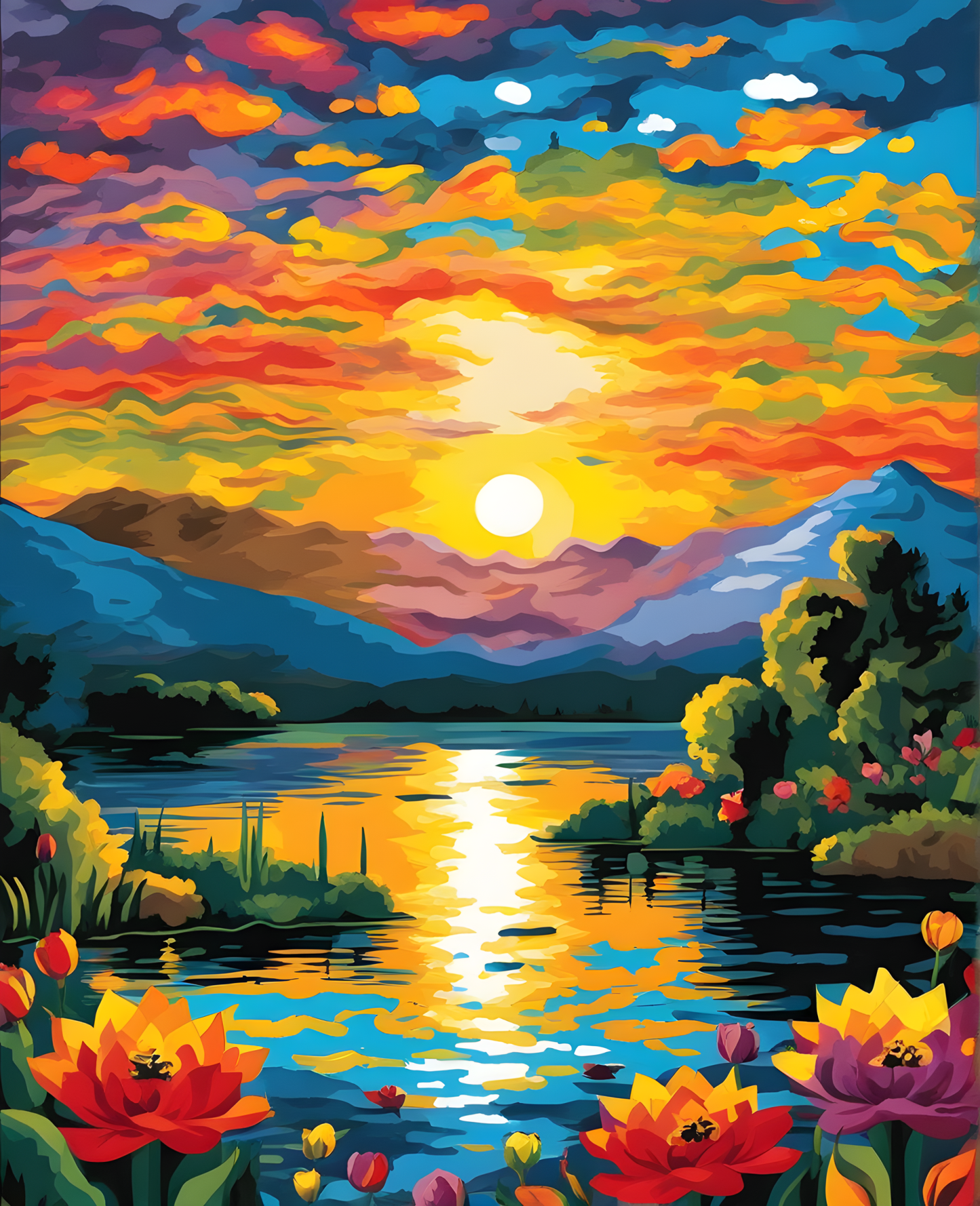 Multicolored Sunset Lake (1) - Van-Go Paint-By-Number Kit