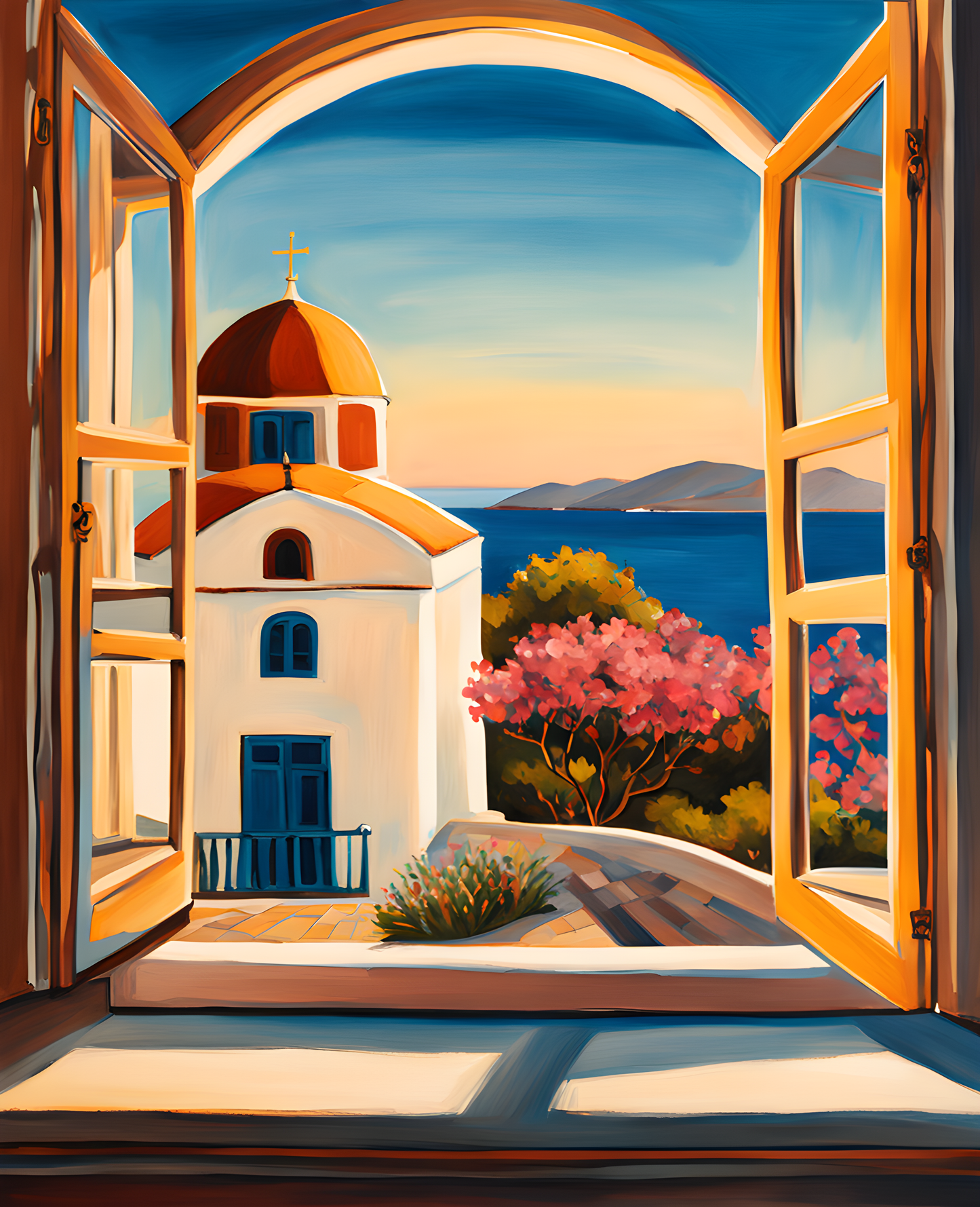 Greek Sea view through an Open Window (3) - Van-Go Paint-By-Number Kit