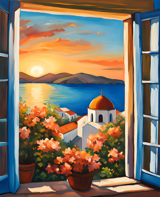 Greek Sea view through an Open Window (1) - Van-Go Paint-By-Number Kit