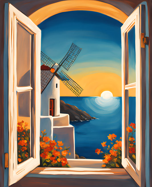 Greek Sea view through an Open Window (4) - Van-Go Paint-By-Number Kit