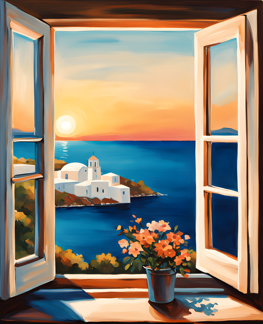 Greek Sea view through an Open Window (2) - Van-Go Paint-By-Number Kit