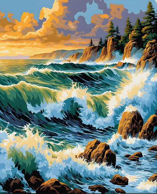 Ocean Waves Crashing on Rocks (3) - Van-Go Paint-By-Number Kit