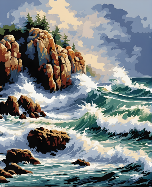 Ocean Waves Crashing on Rocks (2) - Van-Go Paint-By-Number Kit