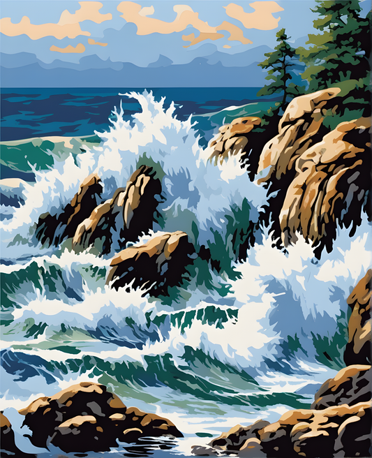 Ocean Waves Crashing on Rocks (1) - Van-Go Paint-By-Number Kit