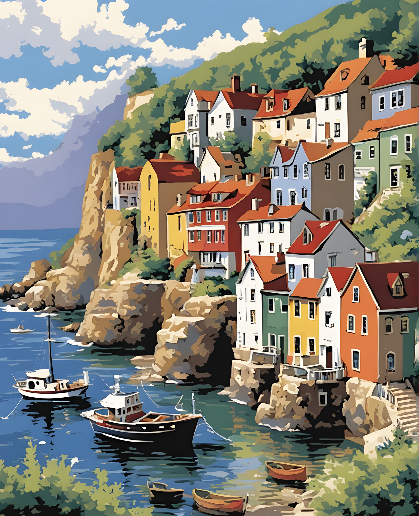 Old Cliff-Side Town Harbor - Van-Go Paint-By-Number Kit