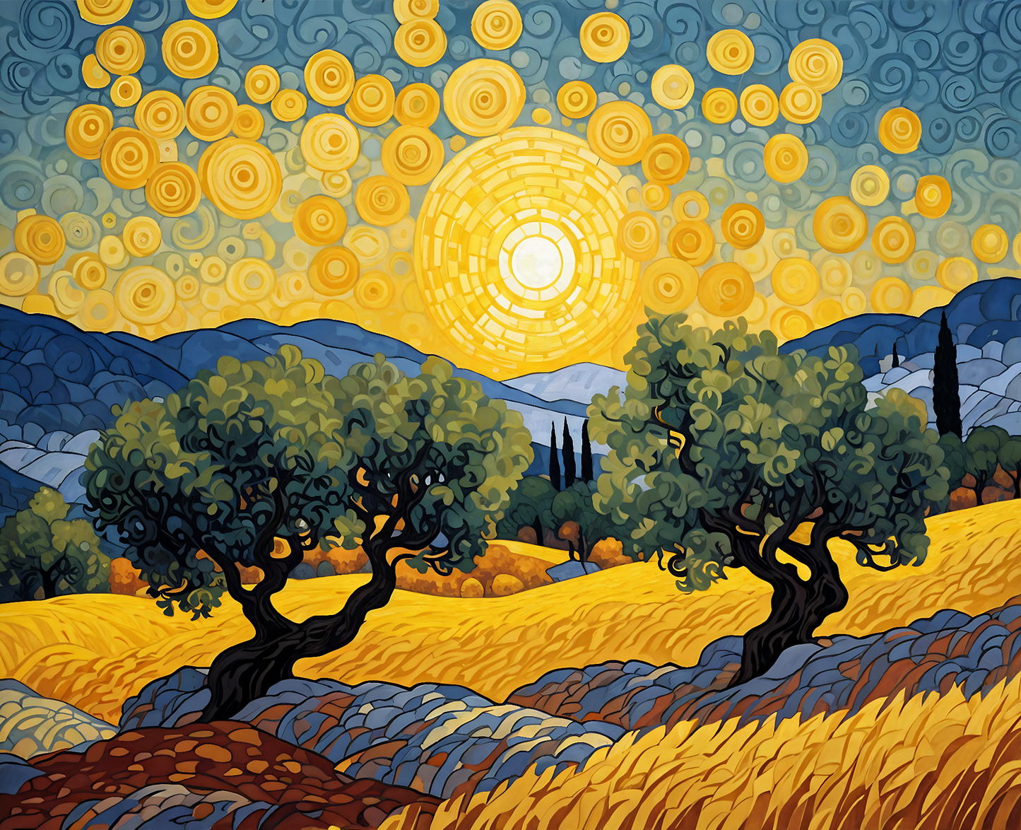 Olive Trees with Yellow Sky and Sun PD (1) - Van-Go Paint-By-Number Kit