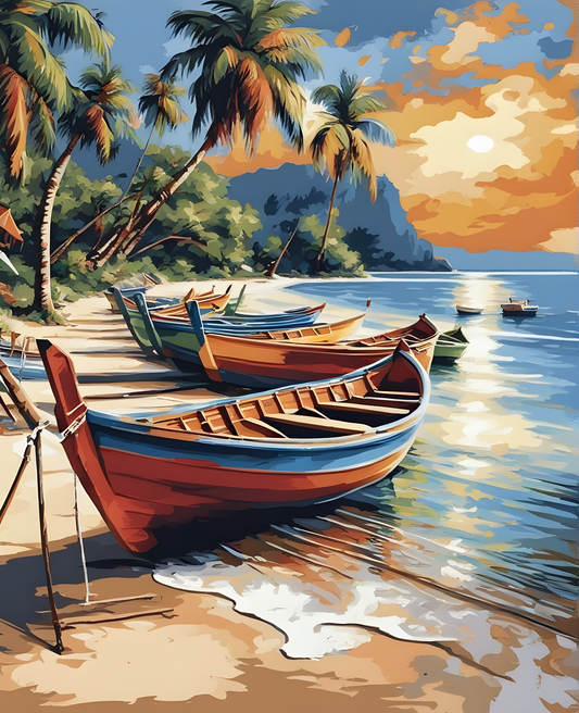 Parking Boats on a Tropical Island Beach (2) - Van-Go Paint-By-Number Kit