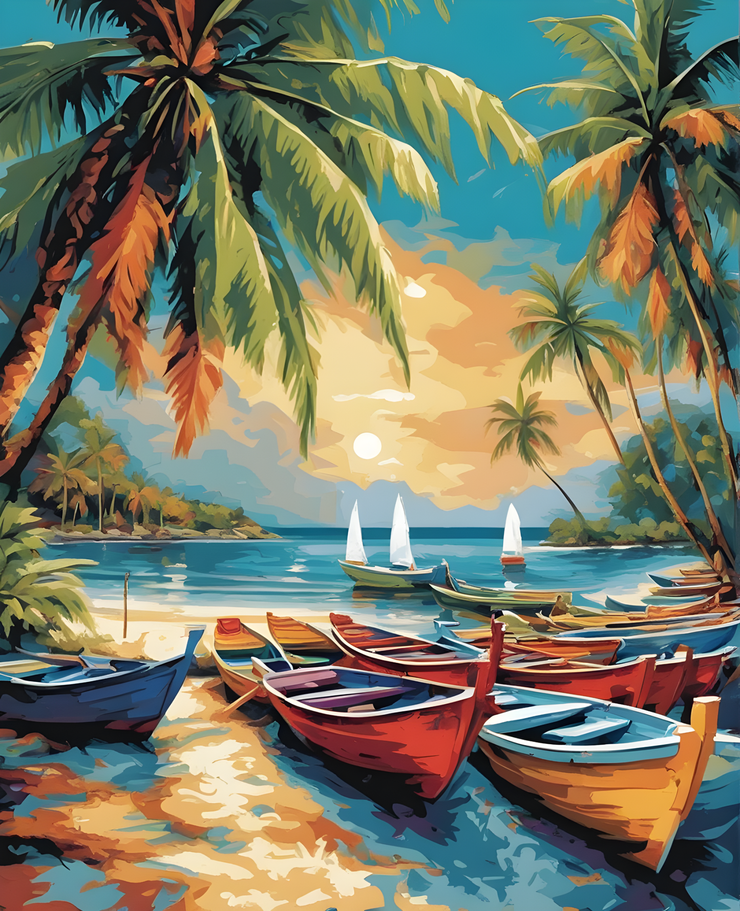 Parking Boats on a Tropical Island Beach (1) - Van-Go Paint-By-Number Kit
