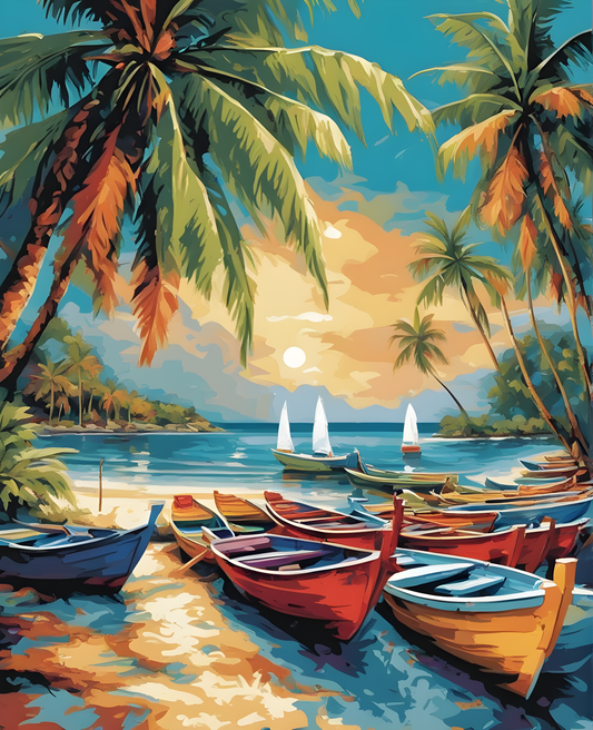 Parking Boats on a Tropical Island Beach (1) - Van-Go Paint-By-Number Kit