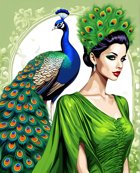 Peacock Lady in Green Dress (2) - Van-Go Paint-By-Number Kit