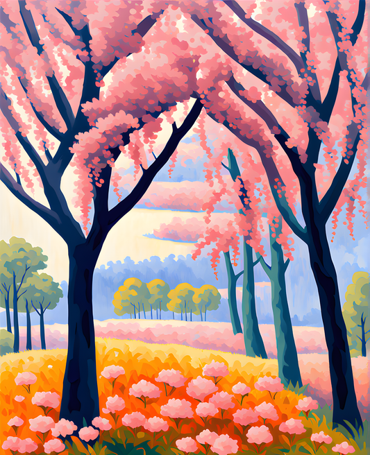 Pink blossom trees in a foggy morning (1) - Van-Go Paint-By-Number Kit