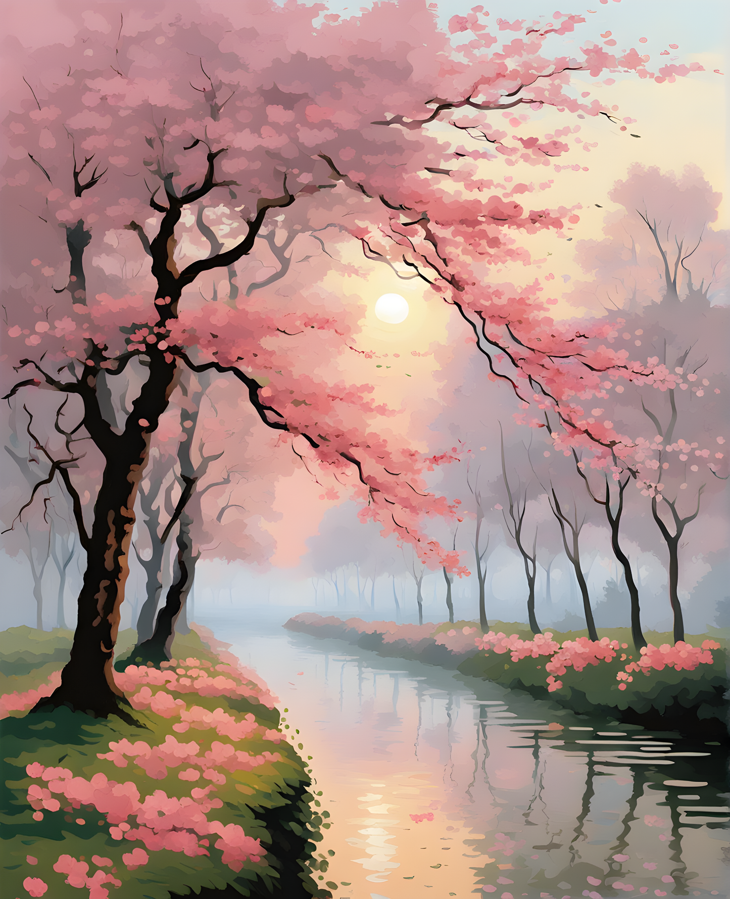 Pink blossom trees in a foggy morning (2) - Van-Go Paint-By-Number Kit