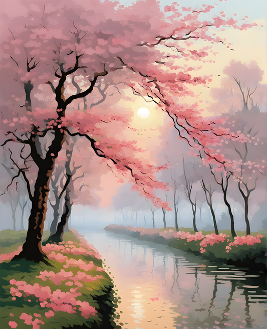 Pink blossom trees in a foggy morning (2) - Van-Go Paint-By-Number Kit