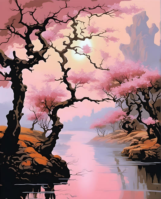 Pink blossom trees in a fogy morning (3) - Van-Go Paint-By-Number Kit