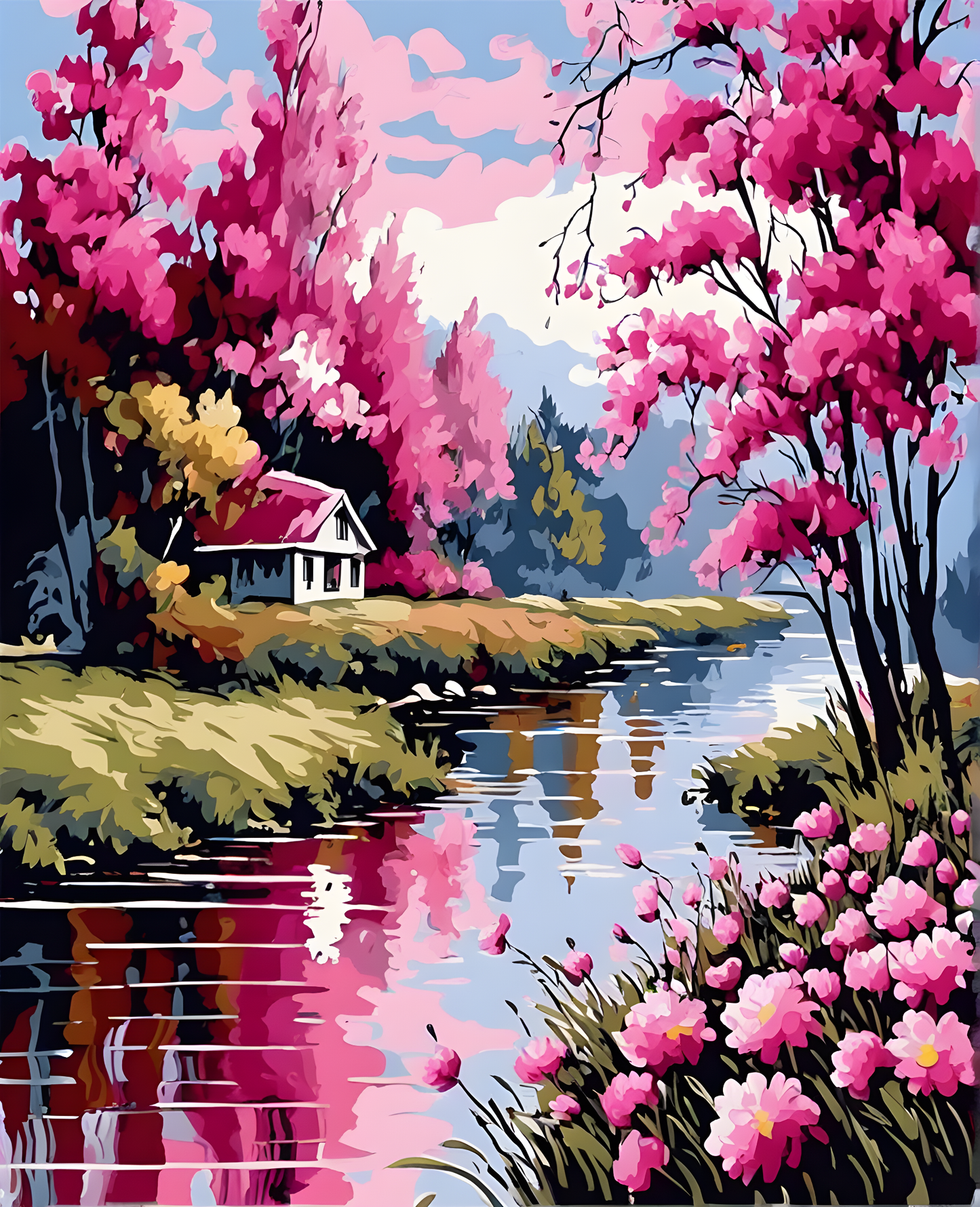 Pink flowers on the rivers bank (2) - Van-Go Paint-By-Number Kit