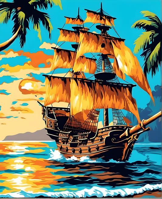 Pirate Ship near Exotic Beach (2) - Van-Go Paint-By-Number Kit