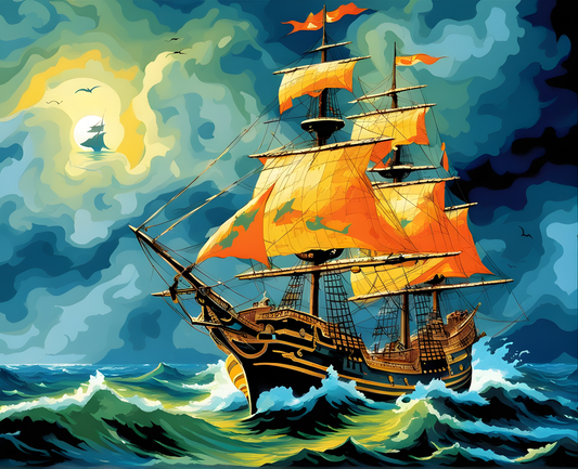 Pirates Sail Ship in a Stormy Night - Van-Go Paint-By-Number Kit