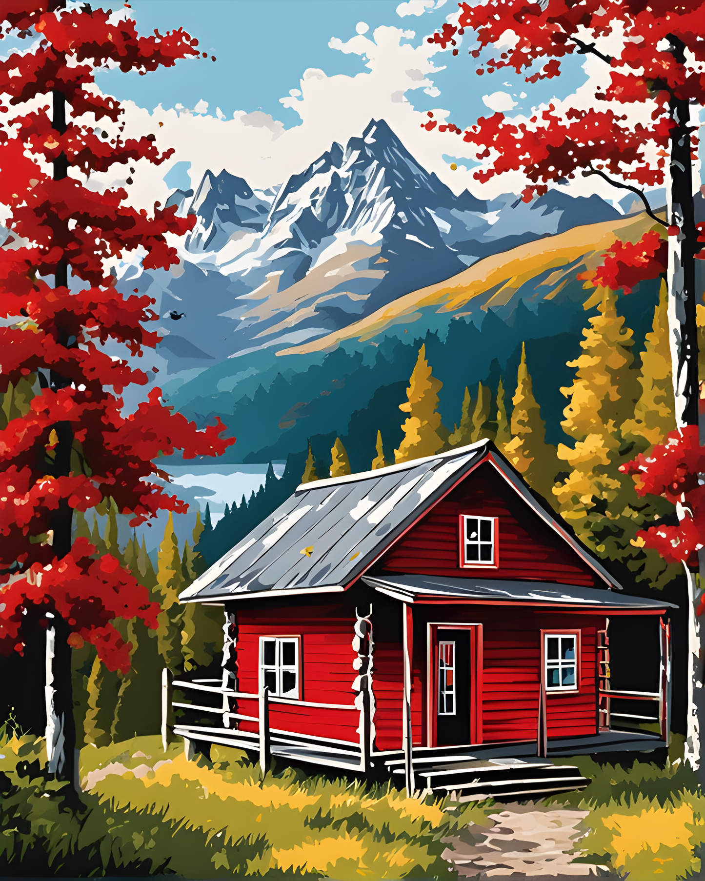 Red Cabin in the Mountains (3) - Van-Go Paint-By-Number Kit