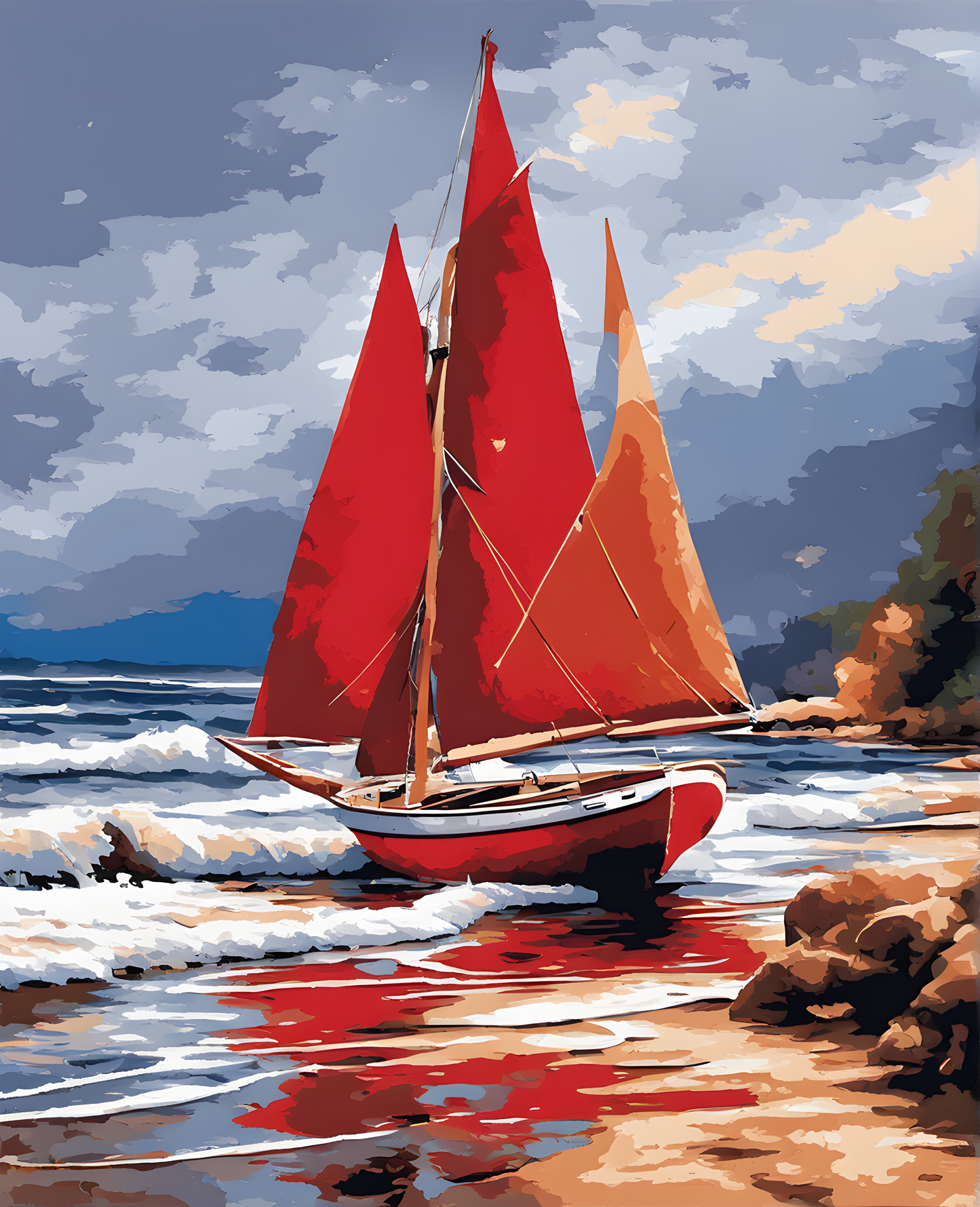 Red Sails Sailboat by the Shore (3) - Van-Go Paint-By-Number Kit