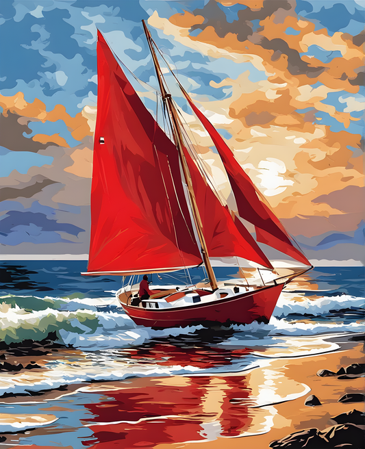Red Sails Sailboat by the Shore (1) - Van-Go Paint-By-Number Kit