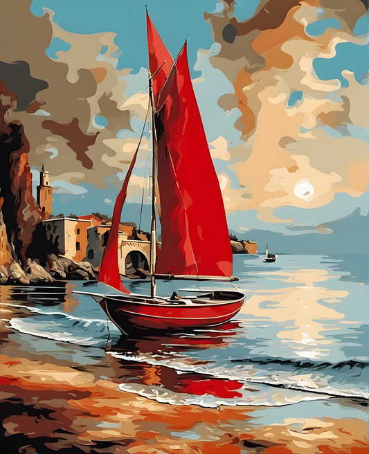 Red Sails Sailboat by the Shore (2) - Van-Go Paint-By-Number Kit