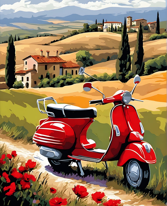 Red Italian Scooter in Tuscany Landscape (3) - Van-Go Paint-By-Number Kit