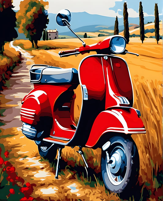 Red Red Italian Scooter in Tuscany Landscape (2) - Van-Go Paint-By-Number Kit