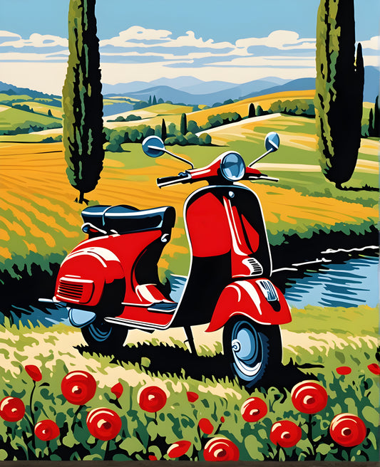 Red Italian Scooter in Tuscany Landscape (1) - Van-Go Paint-By-Number Kit