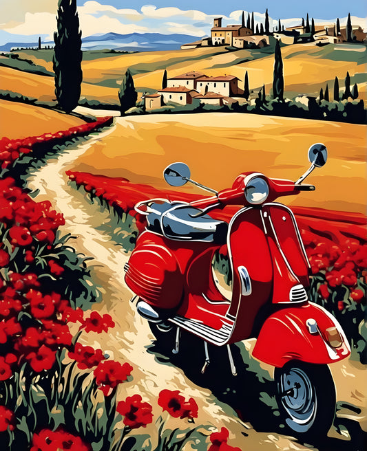 Red Red Italian Scooter in Tuscany Landscape (4) - Van-Go Paint-By-Number Kit