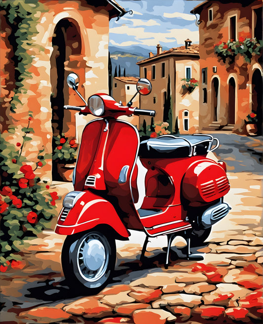 Red Red Italian Scooter in Tuscany Landscape (5) - Van-Go Paint-By-Number Kit