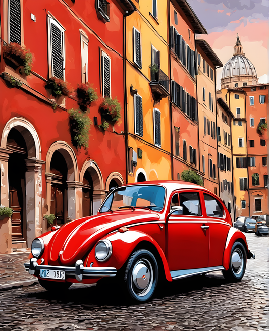 Red Beetle Car In Rome (3) - Van-Go Paint-By-Number Kit