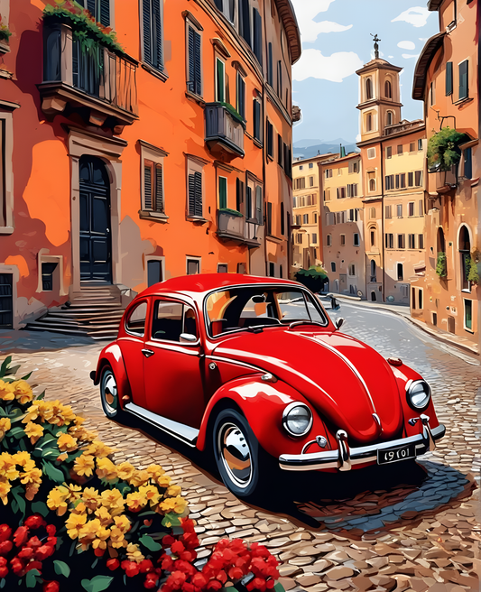 Red Beetle Car In Rome (1) - Van-Go Paint-By-Number Kit