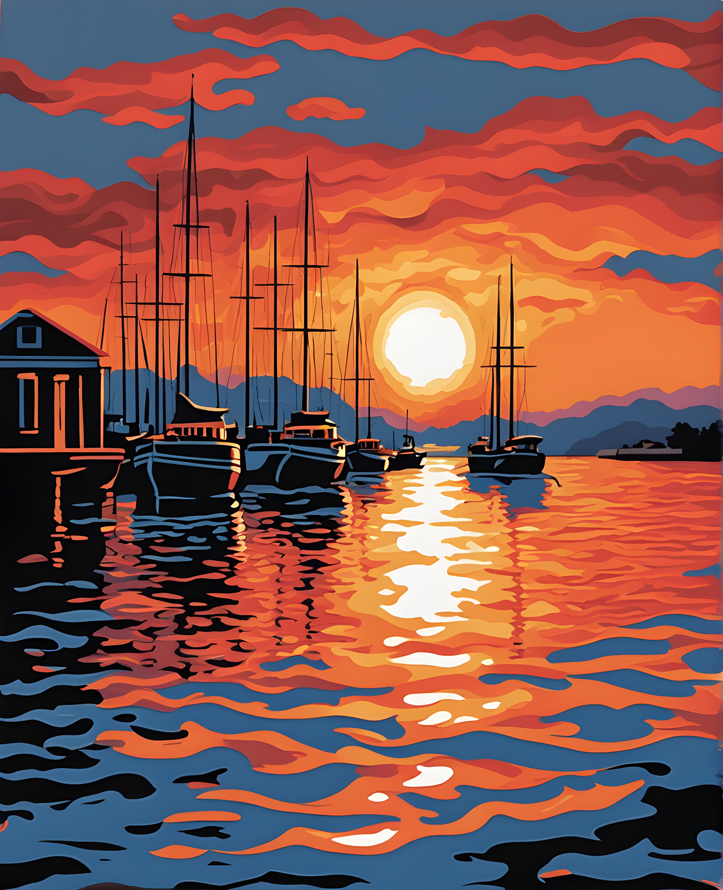 Reddish Sunset Over the Harbor (3) - Van-Go Paint-By-Number Kit