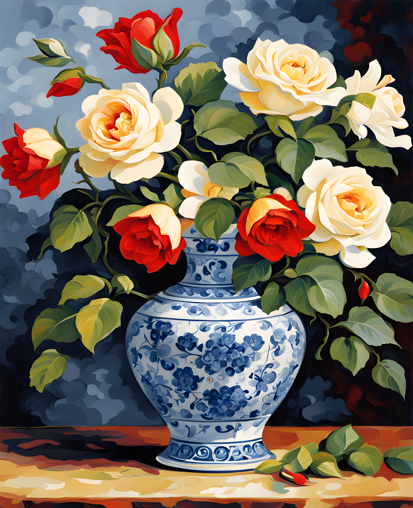 Roses and Jasmine in a Delft Vase PD (1) - Van-Go Paint-By-Number Kit