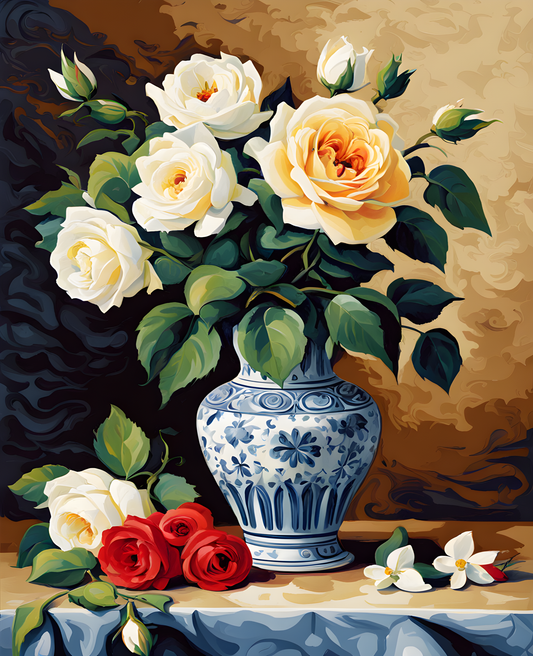 Roses and Jasmine in a Delft Vase PD (2) - Van-Go Paint-By-Number Kit