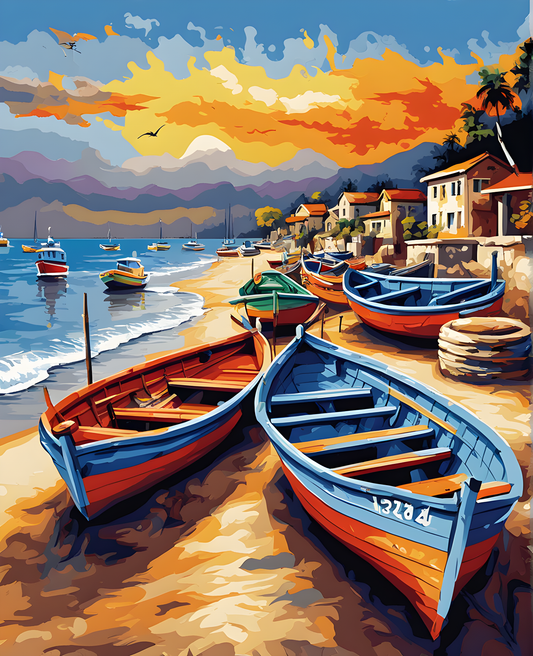 Small Fishing Boats parking at the Beach - Van-Go Paint-By-Number Kit