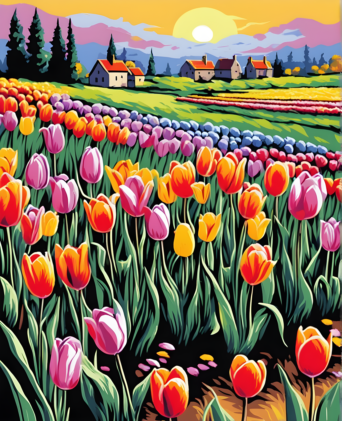 Small Tulips Field on a Sunny Day - Van-Go Paint-By-Number Kit