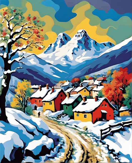 Small Village at the Foot of Snowy Mountain - Van-Go Paint-By-Number Kit