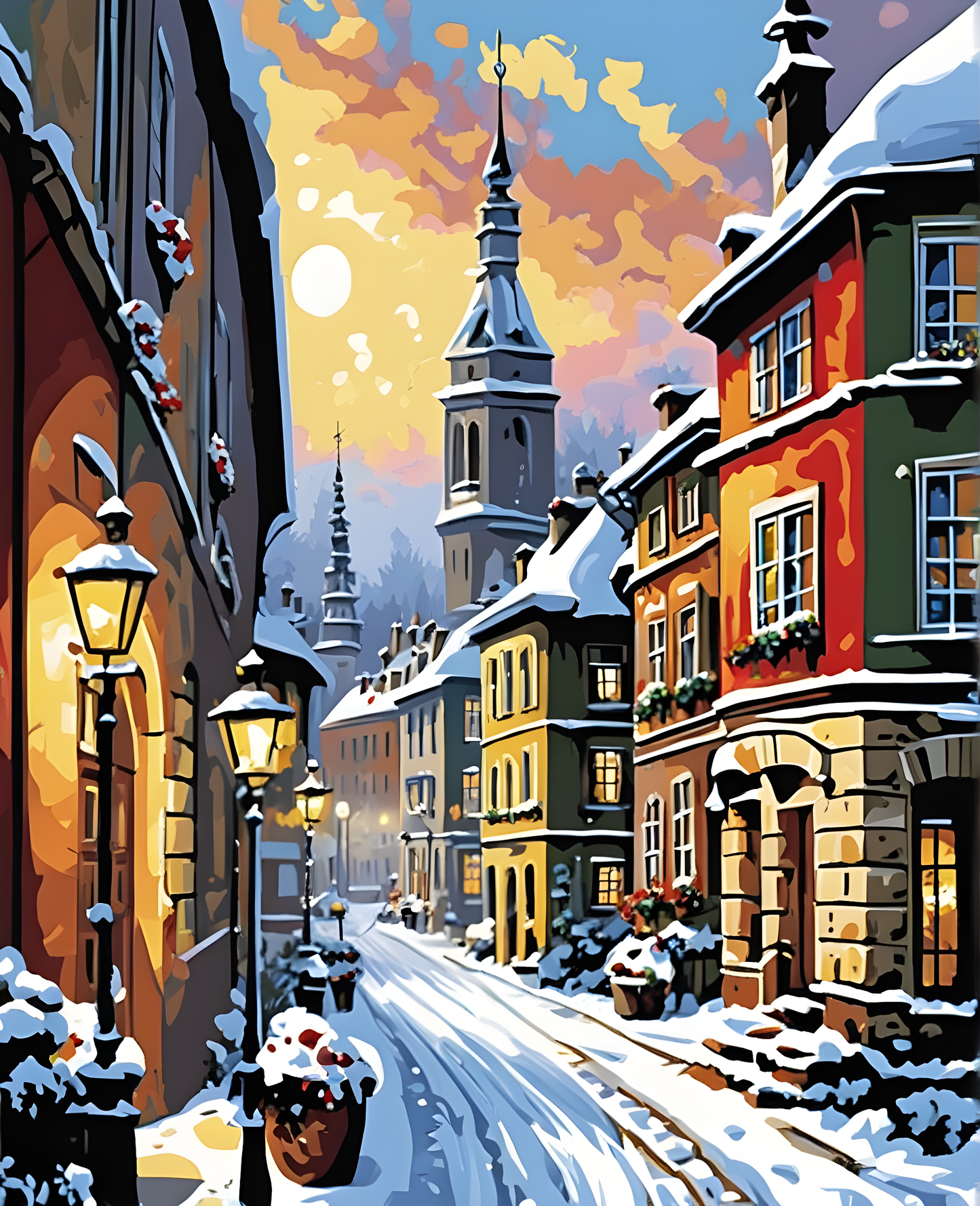 Snowy European Street - Van-Go Paint-By-Number Kit