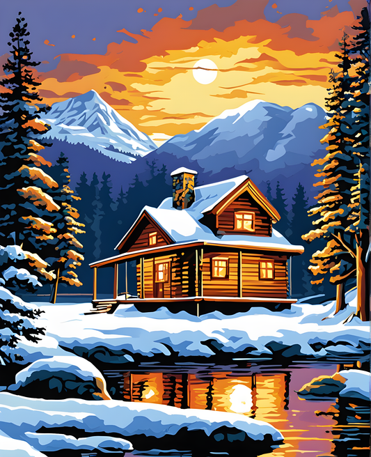 Snowy River Cabin at Sunset - Van-Go Paint-By-Number Kit