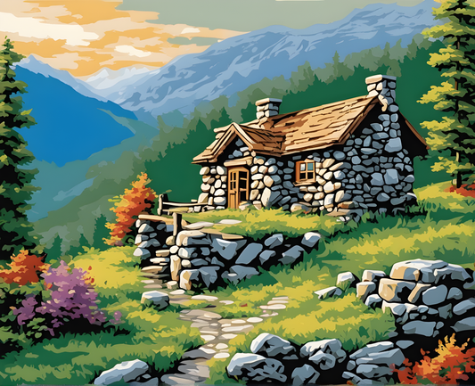 Stone cabin at the edge of the mountain - Van-Go Paint-By-Number Kit