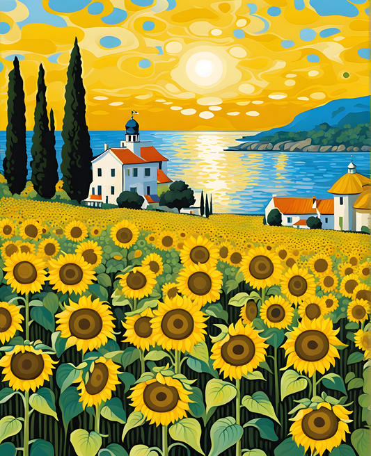 Sunflowers field near the ocean - Van-Go Paint-By-Number Kit