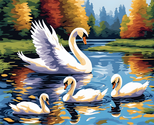 Swan Family in a Park Lake - Van-Go Paint-By-Number Kit