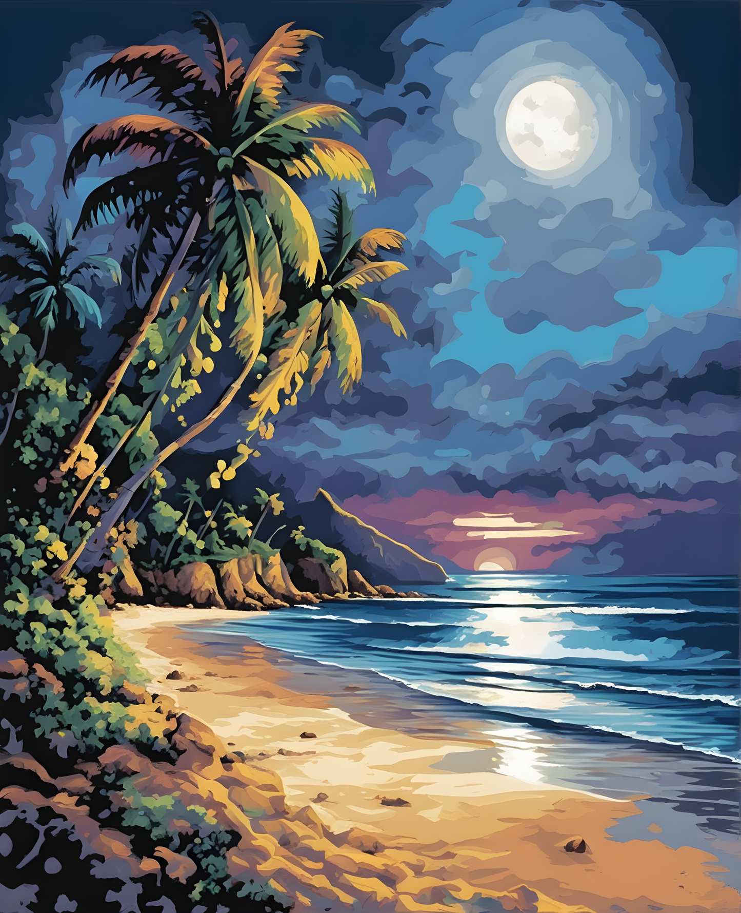Tropical beach in full moonlight - Van-Go Paint-By-Number Kit