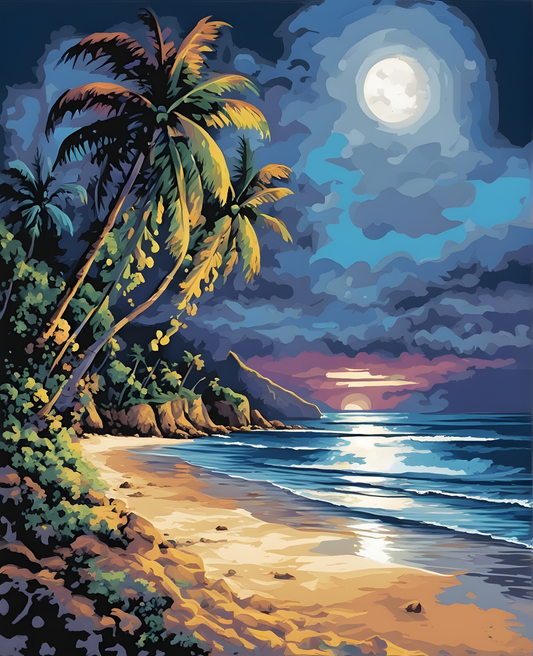 Tropical beach in full moonlight - Van-Go Paint-By-Number Kit